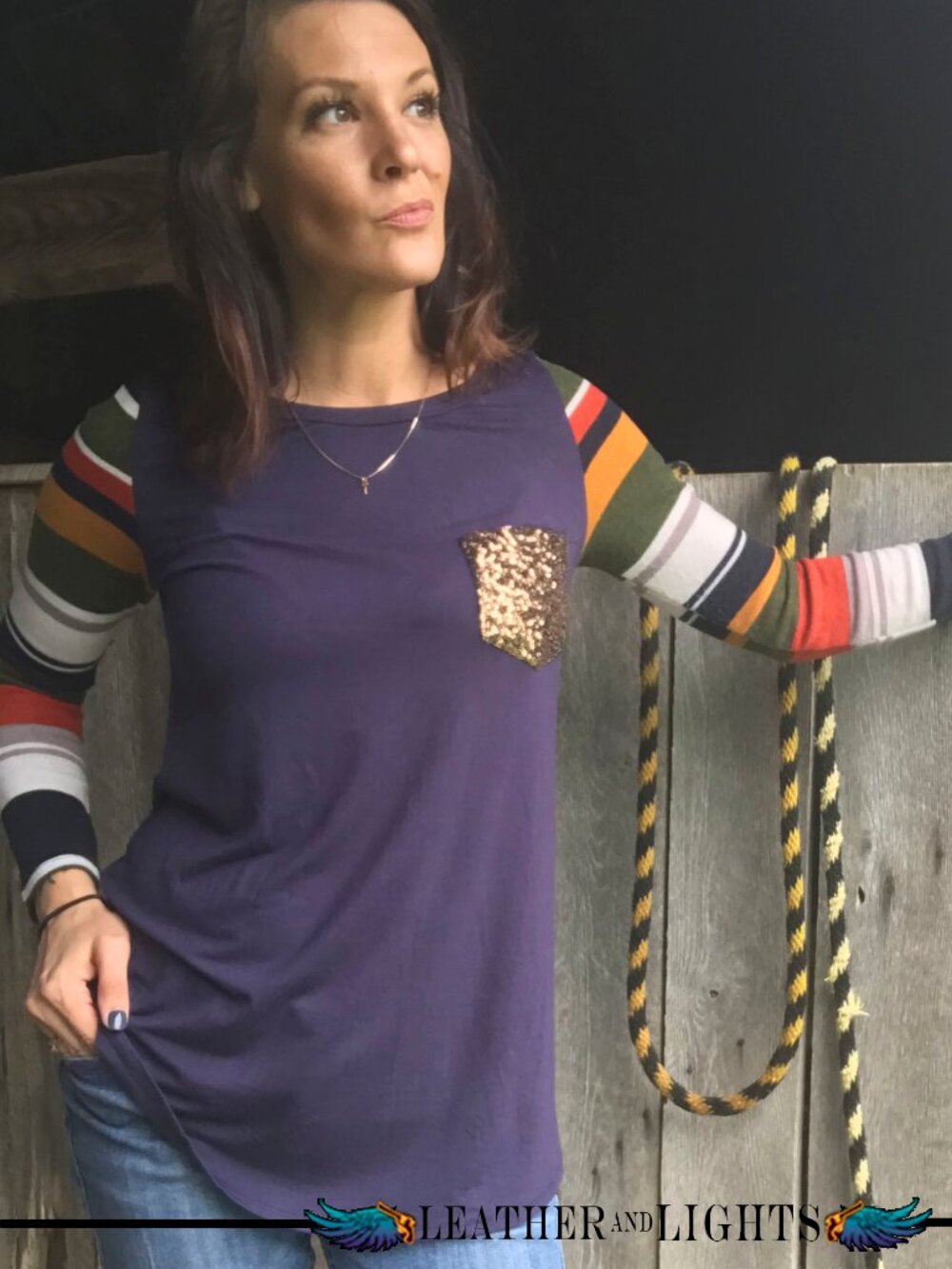 Sequin Pocket Striped Long Sleeve Fall Scoop Neck. XXXL